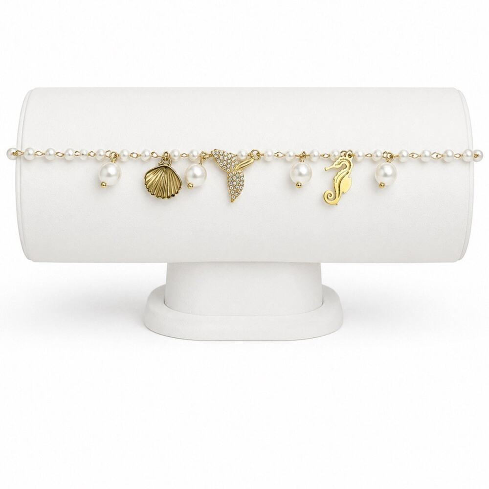 18K Gold Plated Charm Bracelet w/ White Faux Pearl Dangles Beach Mermaid Theme